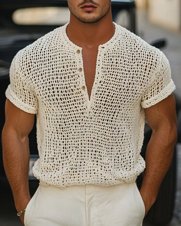 Men's Button Small V-Neck Short Sleeve T-Shirt